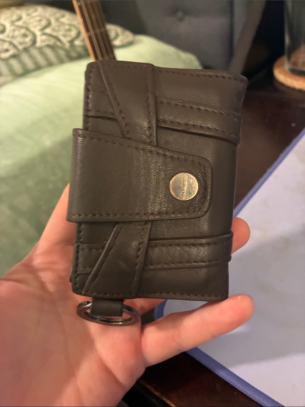 Men's Black Leather Key & Card Holder with Snap Strap
